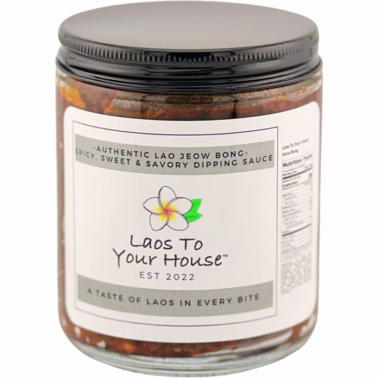 The front label of a jar of spicy Lao dipping sauce.