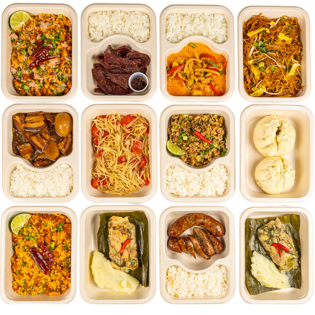 12 prepared meals in compostable trays.