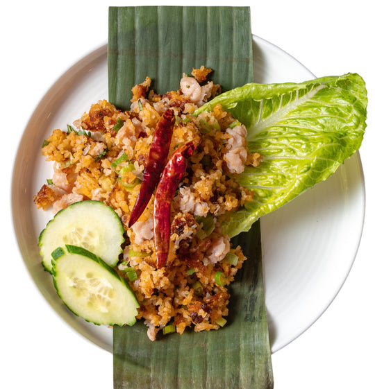 This is Laos crispy rice salad from south east Asia on a plate.