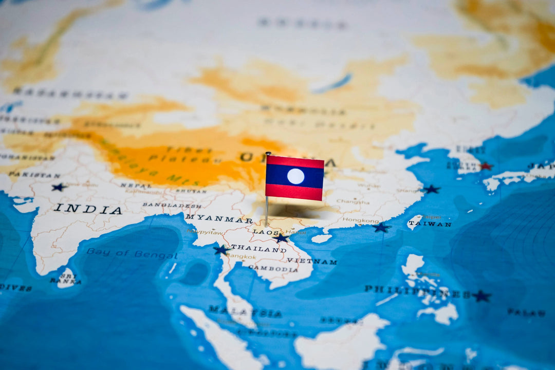 Map of southeast Asia with a flag of Laos on the country of Laos.