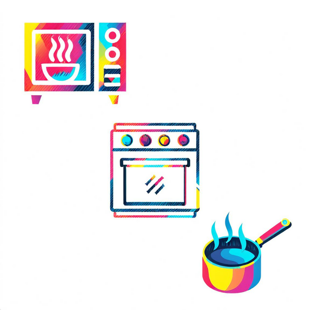 Illustration of a microwave, oven, and stove top used in reheating meals.