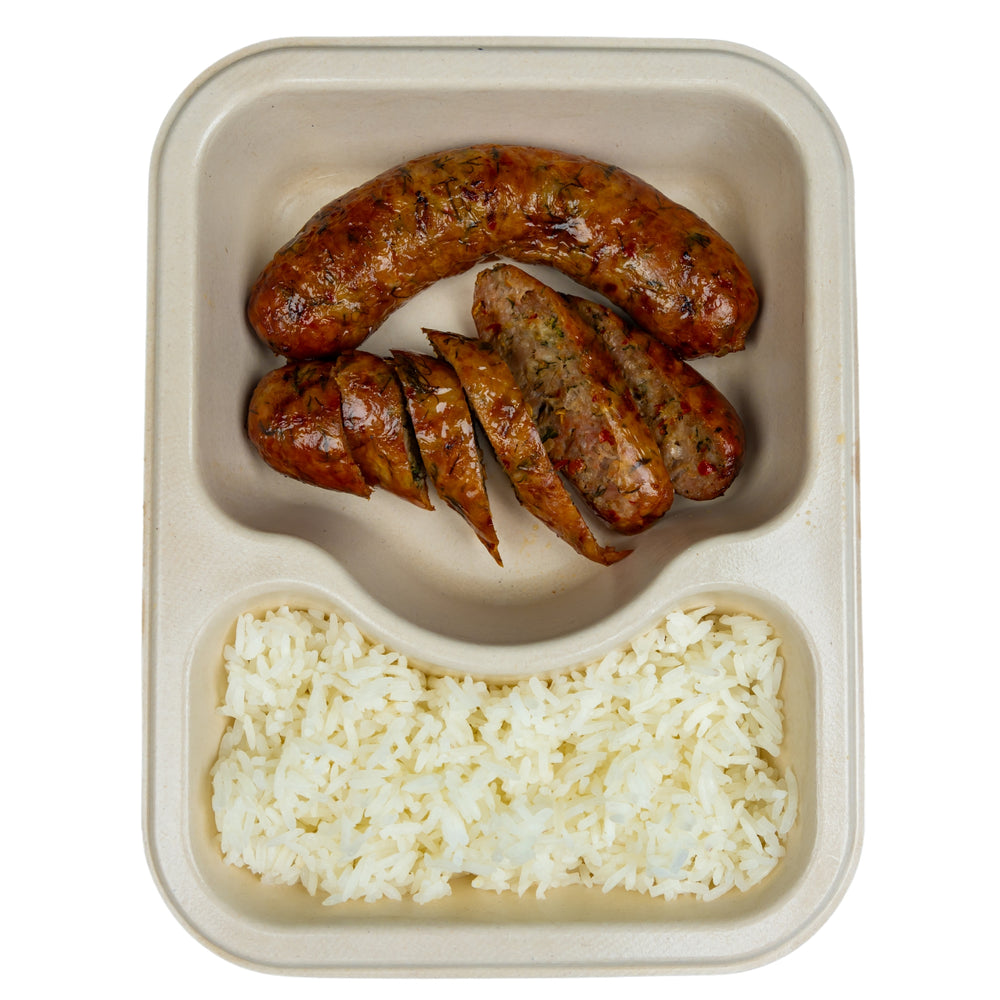 Spicy Lao sausage with jasmine rice in a compostable meal tray.