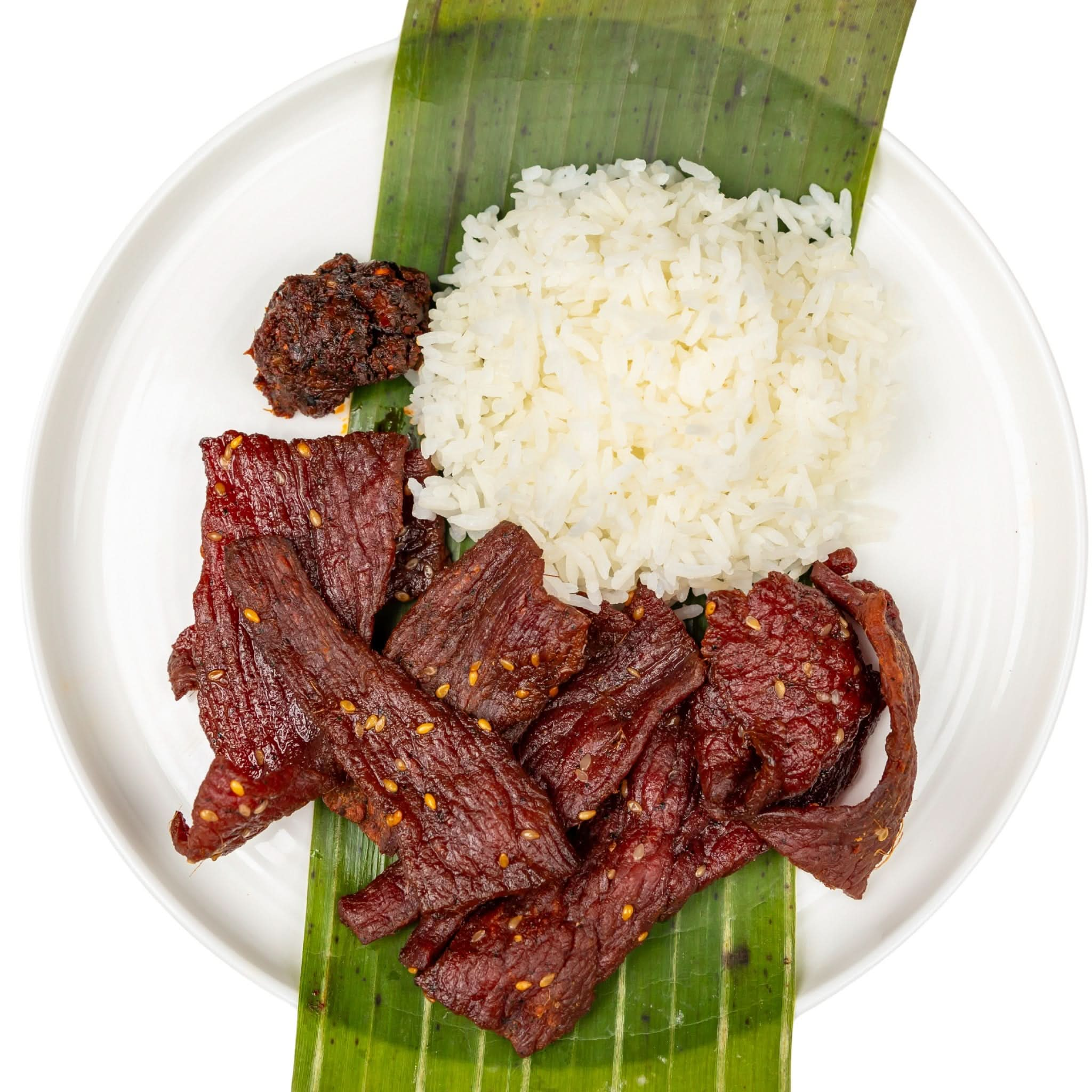 Laos Beef Jerky, spicy dipping sauce and jasmine rice meal.