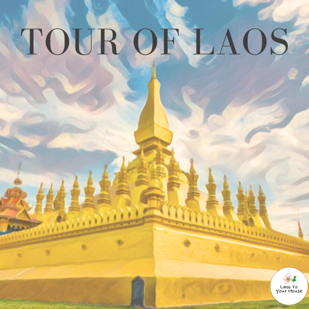 Tour of Laos prepared meal package with artist rendering of the Pha That Luang located in Vientiane, Laos. 